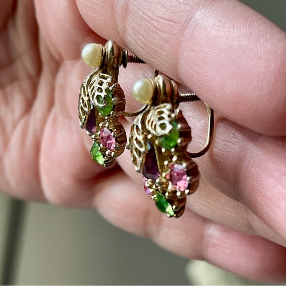 VTG|Floral Screw Back Pearls Pink Green Crystals Rhinestones Three Leaf Earrings - Picture 8 of 11